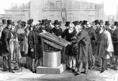 Experts inspecting the Rosetta Stone during the International Congress of Orientalists of 1874